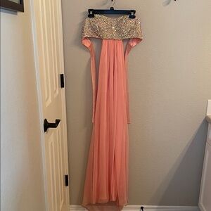 Beaded Coral Strapless Chiffon Evening Gown